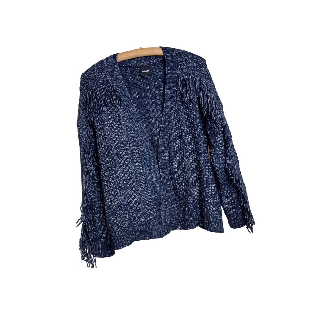 Wallpapher Fringe Cardigan Womens L Blue Open Front Cable Knit Western Boho A19